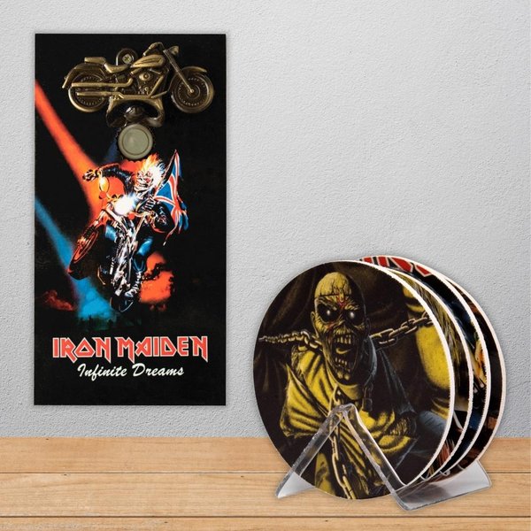 Kit 4 Porta Copo Iron Maiden C/ Suporte + Abridor de Garrafa