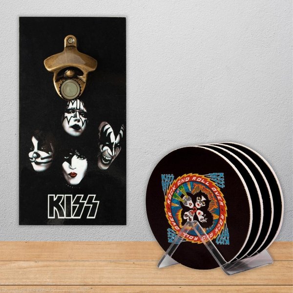 Kit 4 Porta Copos Rock KISS C/ Suporte + Abridor de Garrafas