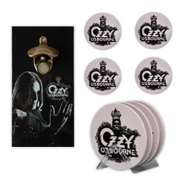 Imagem de Kit 4 Porta Copos Rock OZZY C/ Suporte + Abridor de Garrafas