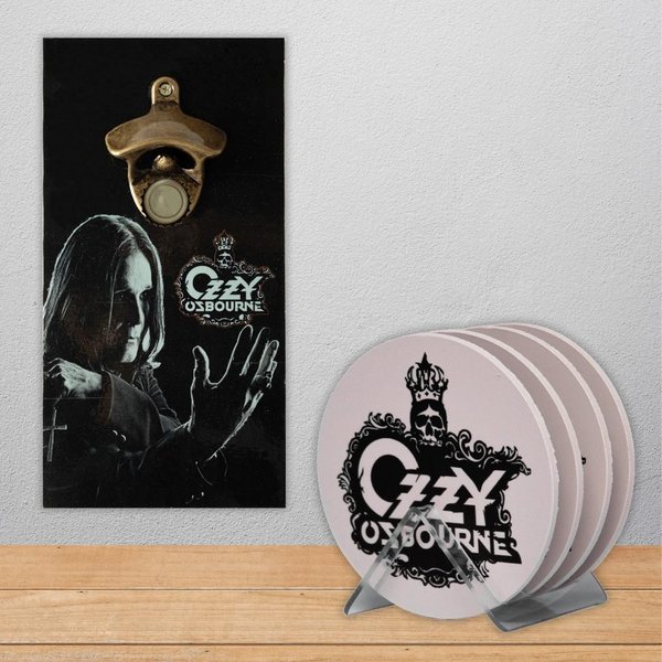 Kit 4 Porta Copos Rock OZZY C/ Suporte + Abridor de Garrafas