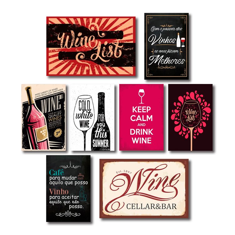 Kit 8 Placas Decorativas Vinho Wine Bebidas Mdf