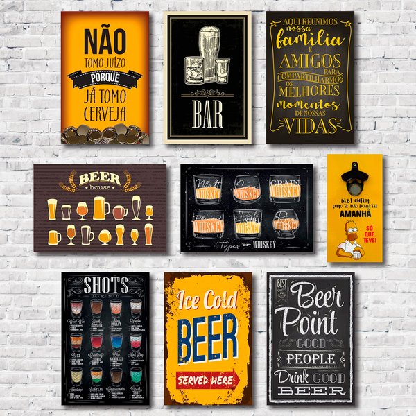 Kit 8 Placas Decorativas Bebidas + Abridor de Garrafas C/ Imã Simpson Mdf