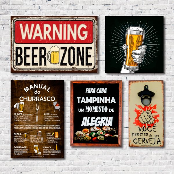 Kit Bar 3 Placas + Quadro Porta Tampas + Abridor de Garrafas C/ Imã Cerveja Mdf