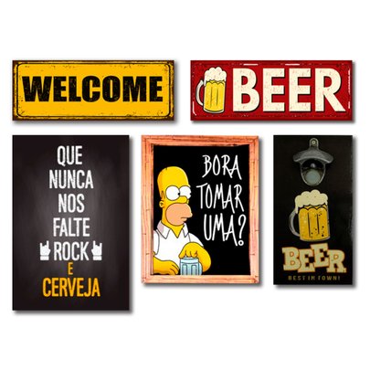 Kit Bar 3 Placas + Quadro Porta Tampas + Abridor de Garrafas C/ Imã Beer Mdf