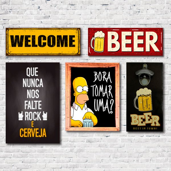 Kit Bar 3 Placas + Quadro Porta Tampas + Abridor de Garrafas C/ Imã Beer Mdf
