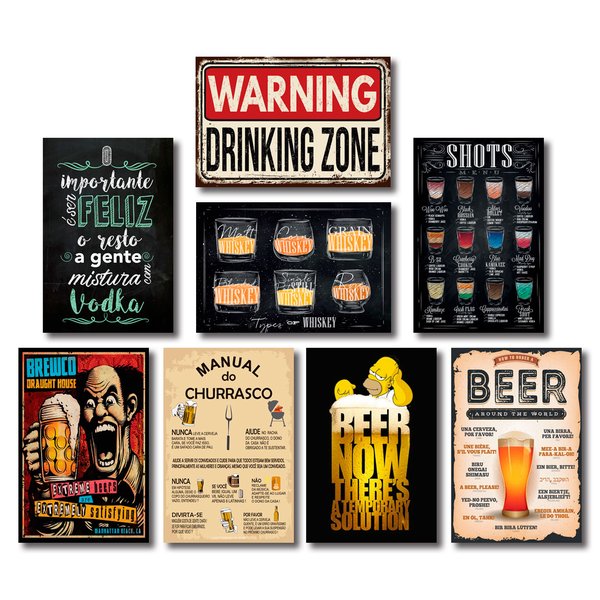 Kit Placas Decorativas Top Drinks Manual Churrasco Mdf- 8 Placas
