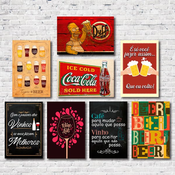 Kit Placas Decorativas Bebidas e Frases Mdf - 8 Placas