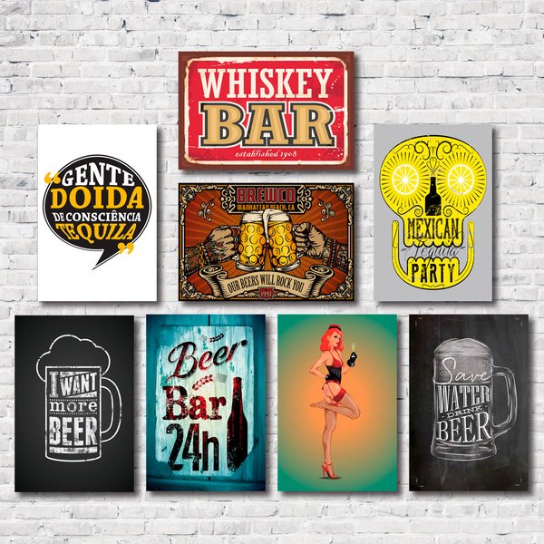 Kit Placas Decorativas Bar Drinks Vintage Mdf - 8 Placas