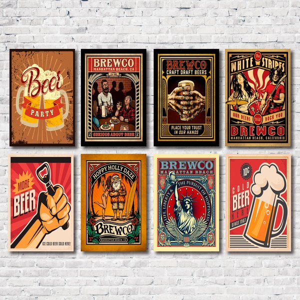 Kit Placas Decorativas Beers Drinks Bar Mdf - 8 Placas