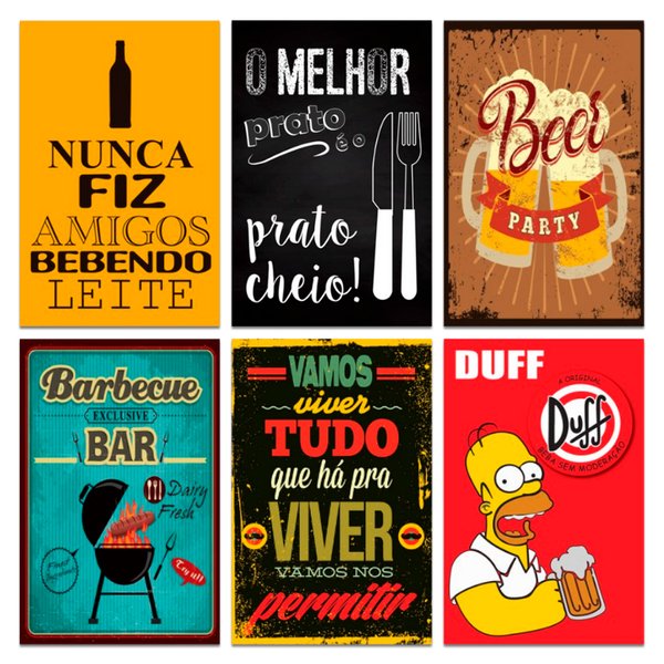 Kit Placas Quadros Decorativos Bebidas Frases 6 pçs 20x30 cm