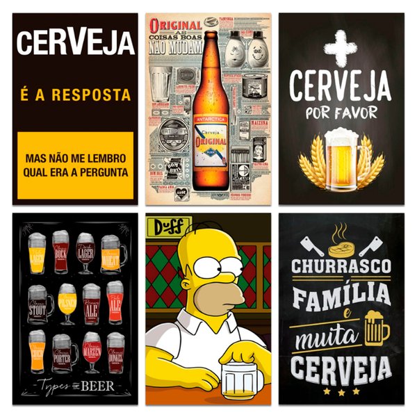 Kit Placas Quadros Decorativos Cerveja Frases 6 pçs 20x30 cm