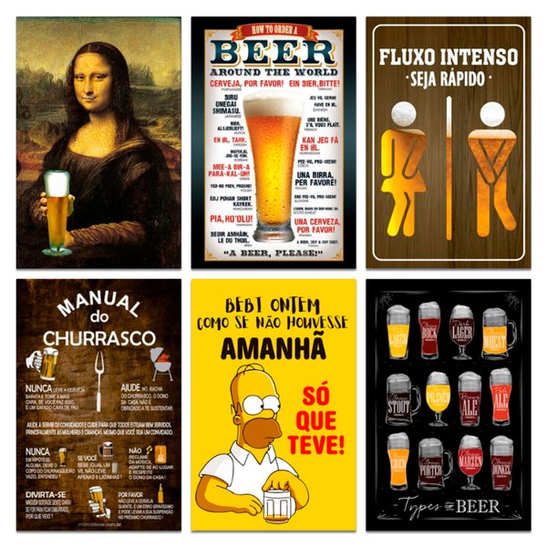 Kit Placas Quadros Decorativos Cerveja Frase 6 pçs 20x30 cm