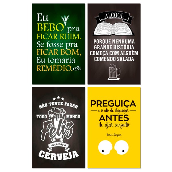 Kit Placas Decorativas Bebidas Frases 4 pçs 20x30 cm