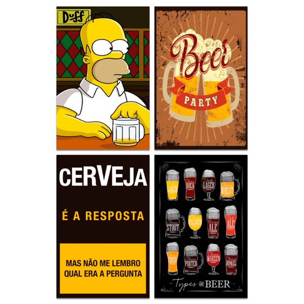 Kit Placas Quadros Decorativos Frases Cerveja 4 pçs 20x13 cm