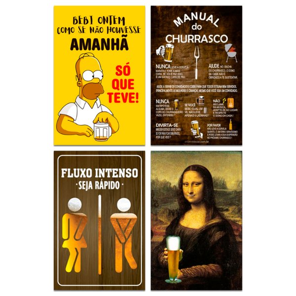 Kit Placas Manual Churrasco Frases Mdf  4 pçs 20x13 cm