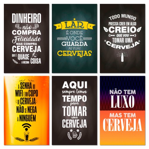 Kit Placas Quadros Cervejas Frases Bar Mdf 6 pçs 20x13 cm