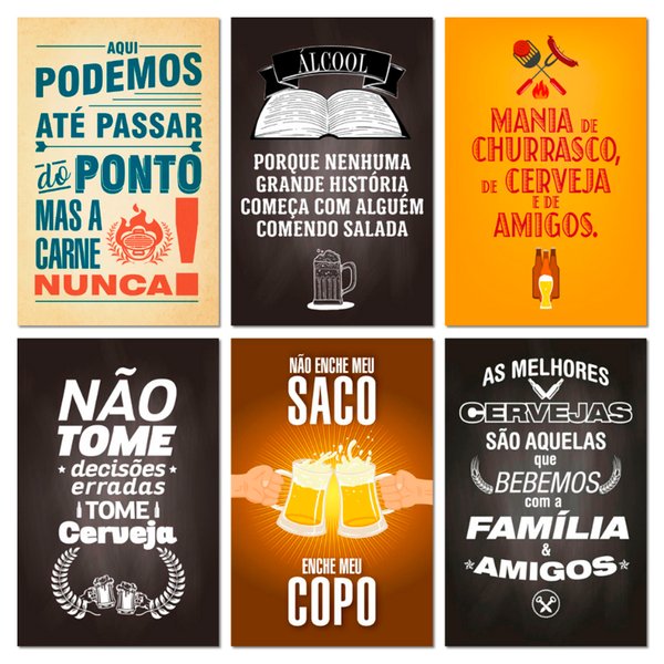 Kit Placas Quadros Churrasco e Bar Mdf 6 pçs 20x13 cm