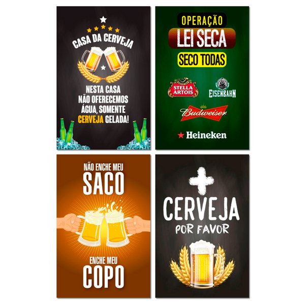 Kit Placas Decorativas Cervejas Frases Mdf 4 pçs 20x13 cm
