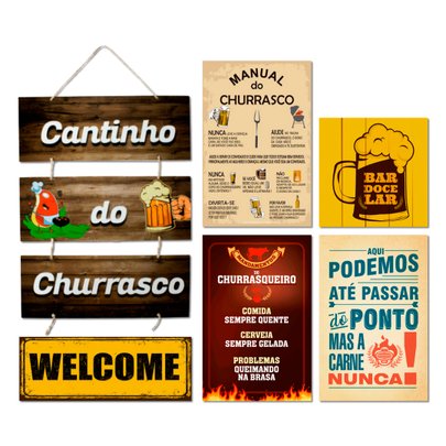 Kit 6 Placas Decorativas Cantinho do Churrasco Cervejas Bar