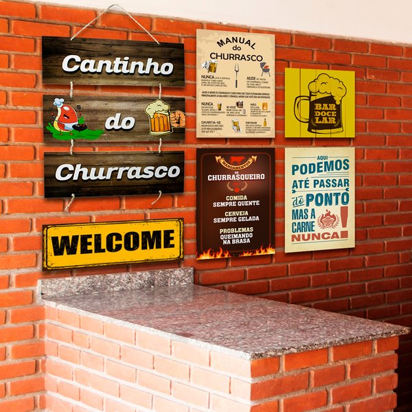 Kit 6 Placas Decorativas Cantinho do Churrasco Cervejas Bar