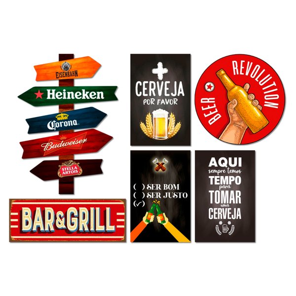 Kit 6 Placas Decorativas Frases Bebidas Bar Cervejas Seta