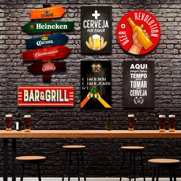 Kit 6 Placas Decorativas Frases Bebidas Bar Cervejas Seta