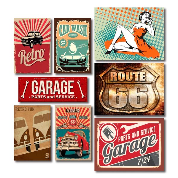 Kit Placas Decorativas Carro Vintage Mdf - 8 Placas