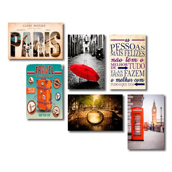 Kit 6 Placas Decorativas Cidades e Viagens Mdf