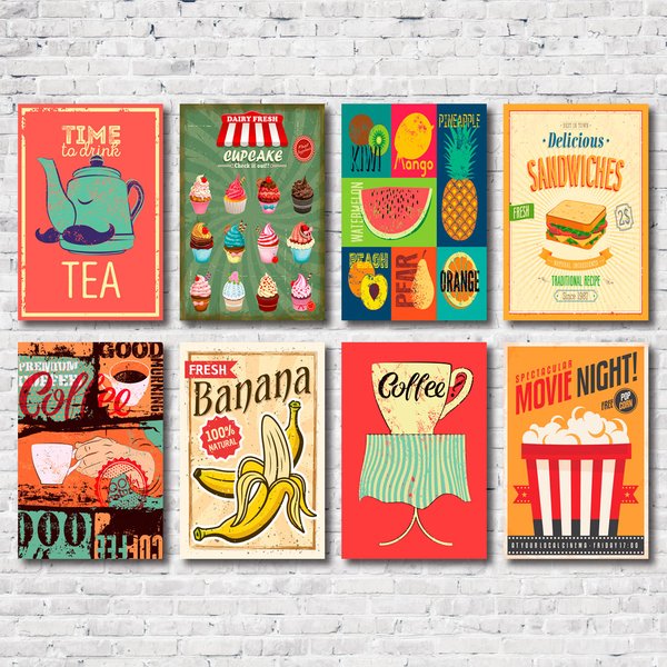 Kit Placas Decorativas Frutas Lanches Café Mdf - 8 Placas