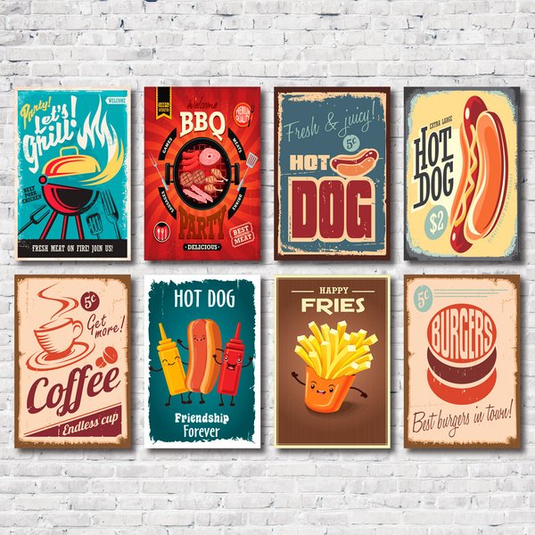 Kit Placas Decorativas Hot Dog Comidas Lanches Mdf - 8 Placas