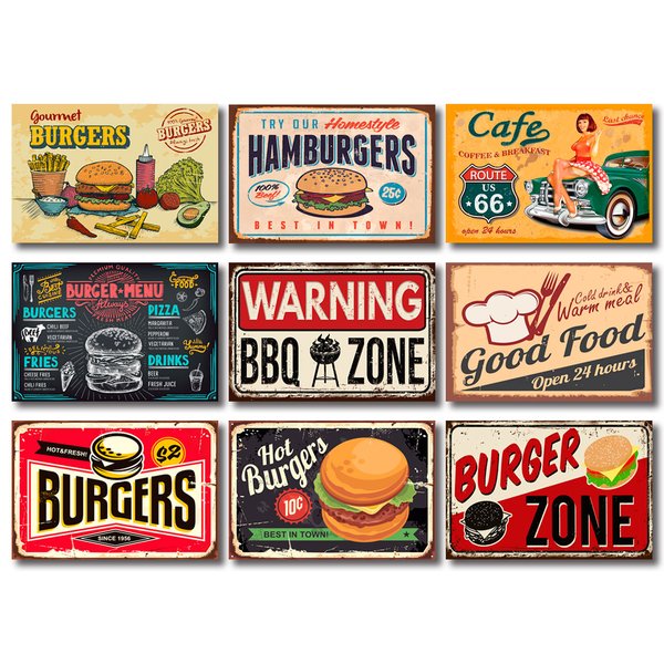 Kit Placas Decorativas Hamburgers Lanches Bbq Mdf - 9 Placas