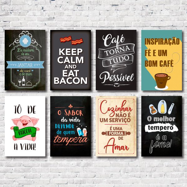 Kit Placas Decorativas Frases Café Comida Mdf - 8 Placas