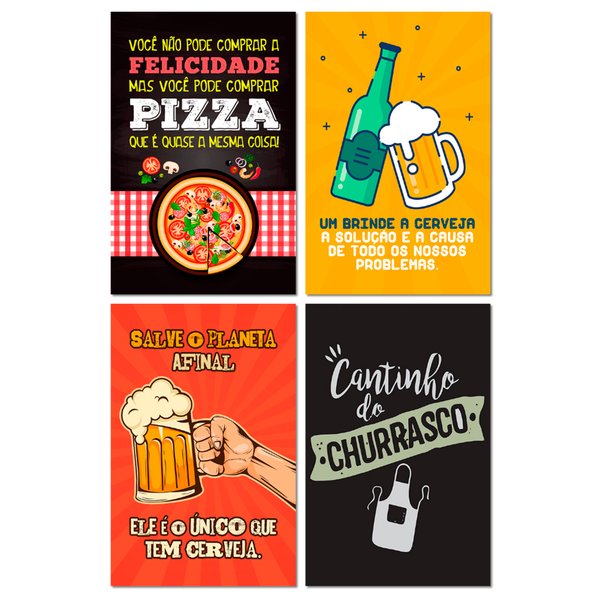 Kit 4 Placas Cervejas Churrasco Bebidas Frases 20x30 cm Mdf