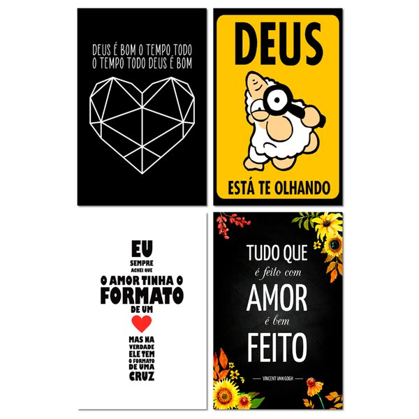 Kit 4 Placas Decorativas Frases Deus é Bom 20x30 cm Mdf