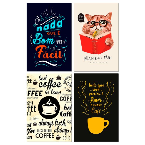 Kit 4 Placas Decorativas Café Frases 20x30 cm Mdf