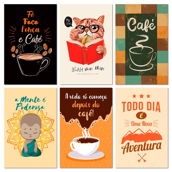 Kit 6 Placas Decorativas Frase Café Cozinha 20x30 cm Mdf