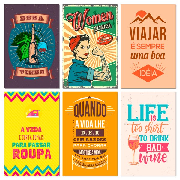 Kit 6 Placas Decorativas Frases Bebidas Viajar 20x30 cm Mdf