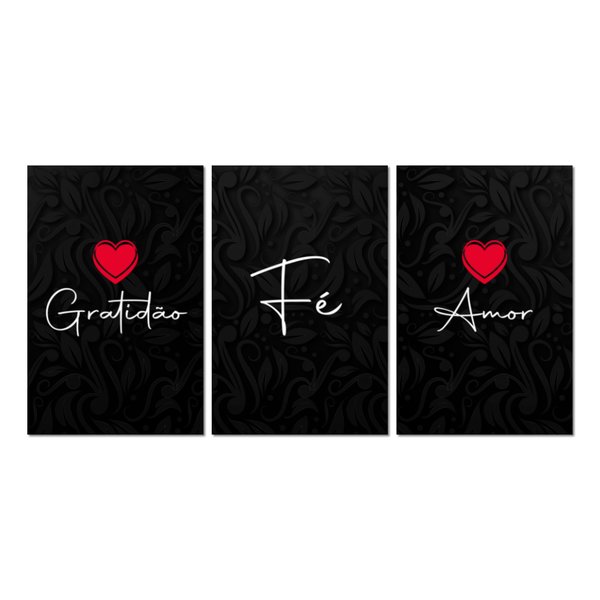 Kit 3 Placas Decorativas Frase Gratidão Fé Amor 20x30 cm Mdf