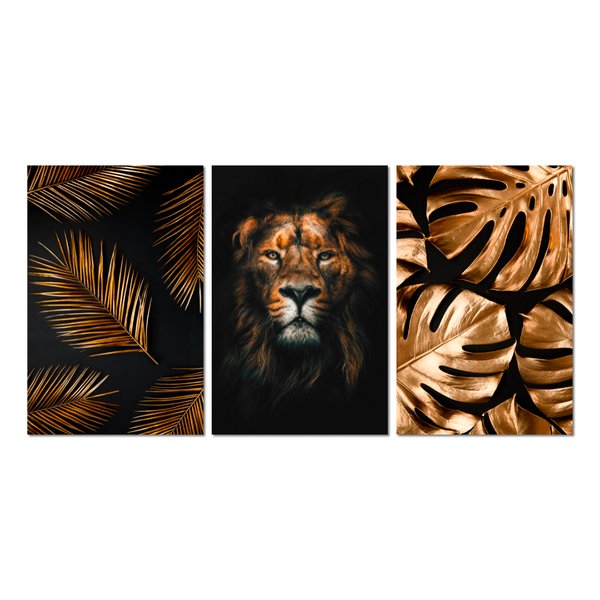 Kit 3 Placas Decorativas Leão Gold Animais 20x30 cm Mdf