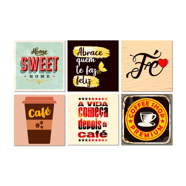 Kit 6 Placas Decorativas Frases Home Café Fé 20x20 cm Mdf
