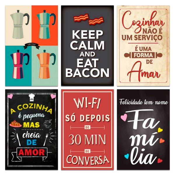 Kit Placas Decorativas Cozinha Café frase Mdf 6 pçs 20x30 cm
