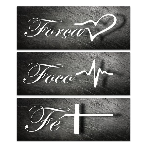 Kit 3 Placas Decorativas Força Foco Fé Preto Mdf