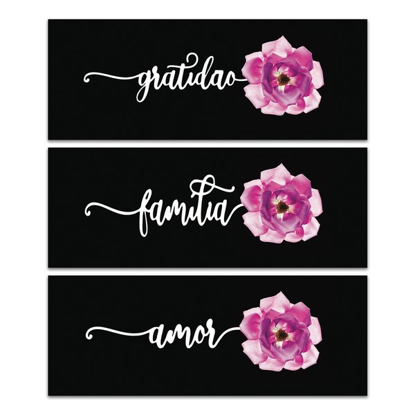 Kit 3 Placas Decorativas Frase Gratidão Família 40x15 cm Mdf