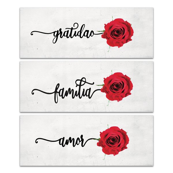 Kit 3 Placas Decorativas Frase Gratidão e Amor 40x15 cm