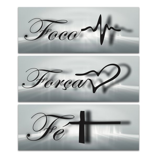 Kit 3 Placas Decorativas Frases Força Foco e Fé 40x15 cm Mdf