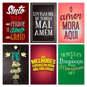 Imagem de Kit 6 Placas Decorativas Com Frases Fé Amor Mdf 20x30 cm