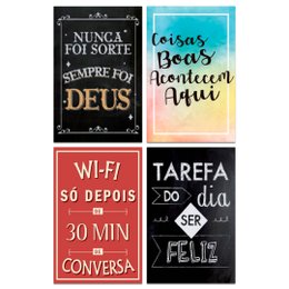 Imagem de Kit 4 Placas Decorativas Frases Deus Wifi Feliz Mdf 20x30 cm