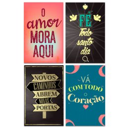 Imagem de Kit 4 Placas Decorativas Com Frases Fé Amor Mdf 20x30 cm