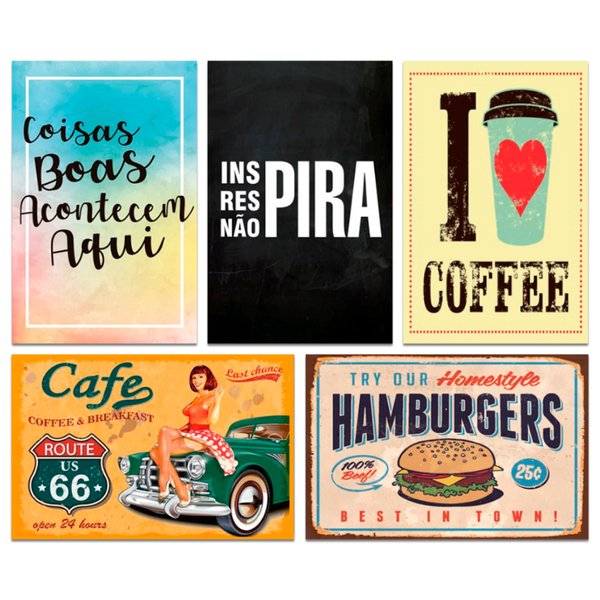 Kit Placas Decorativas Frase Café Cozinha Mdf 5 pçs 20x13 cm