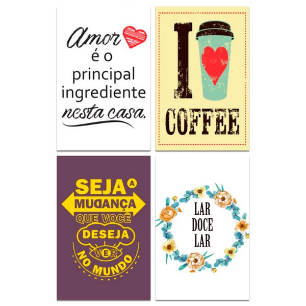 Kit Placas Decorativas Frase Café Cozinha Mdf 4 pçs 20x13 cm